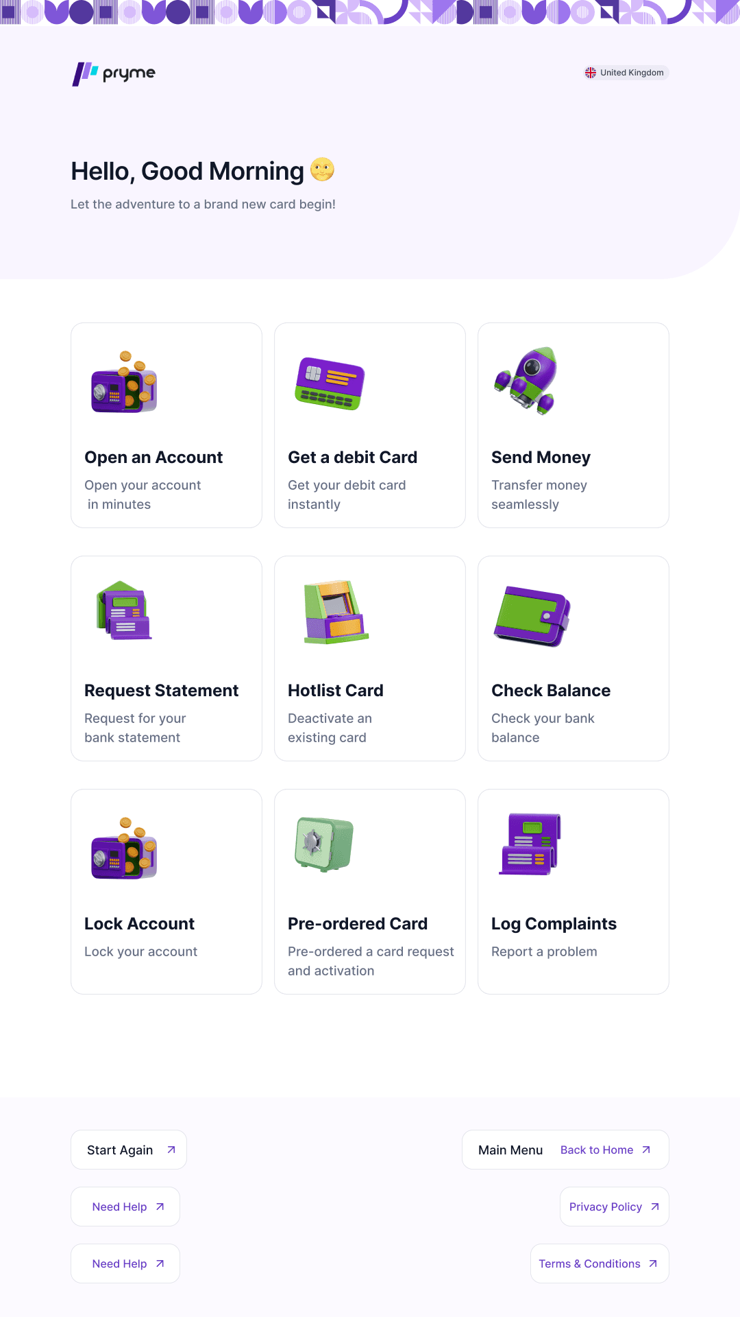 Pryme CVM 2.0 main menu showing nine self-service options including open an account, get a debit card, send money, request statement, hotlist card and log complaints