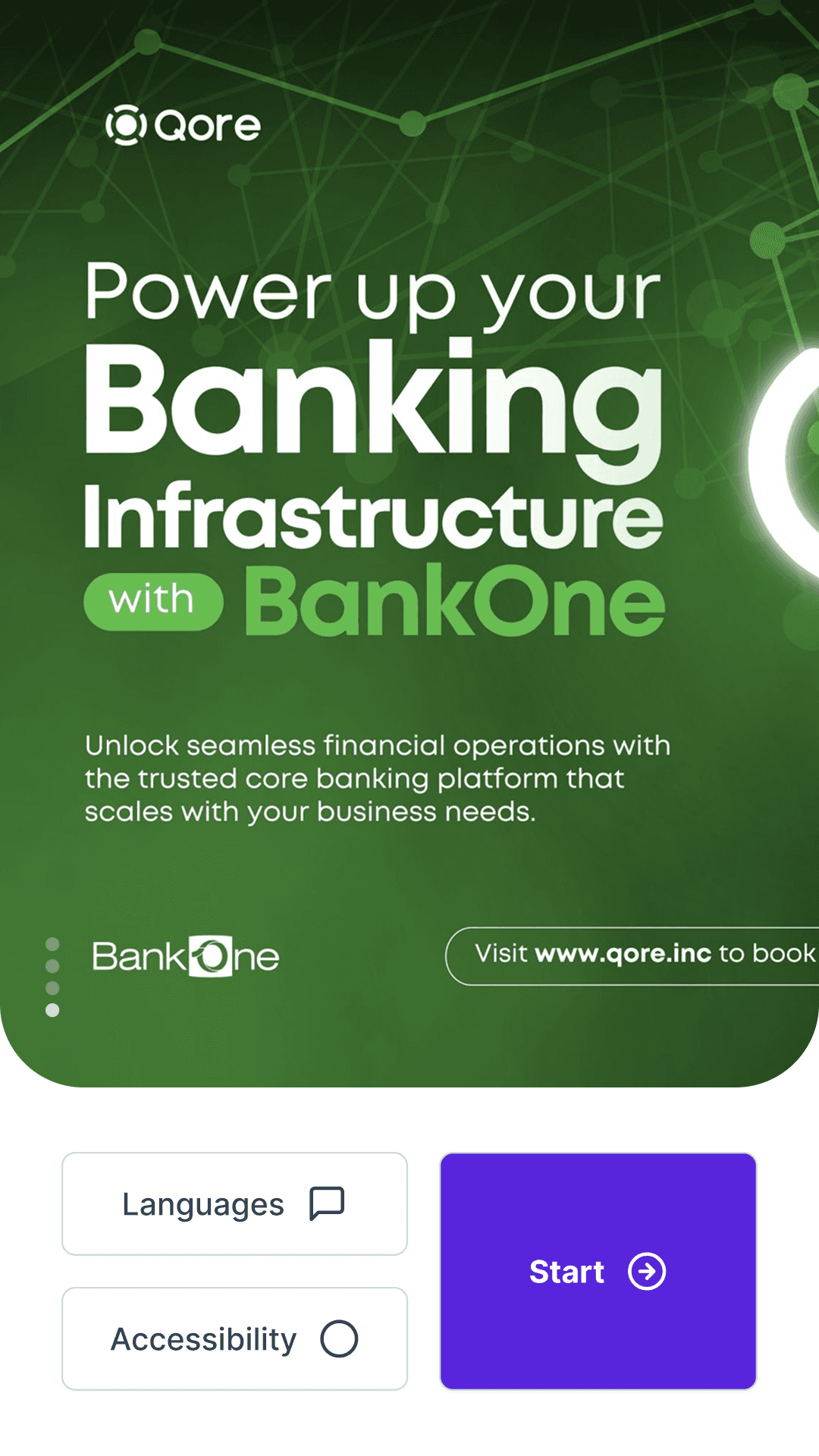 Pryme kiosk idle attract screen with bank branding, a single Start action, and language and accessibility options