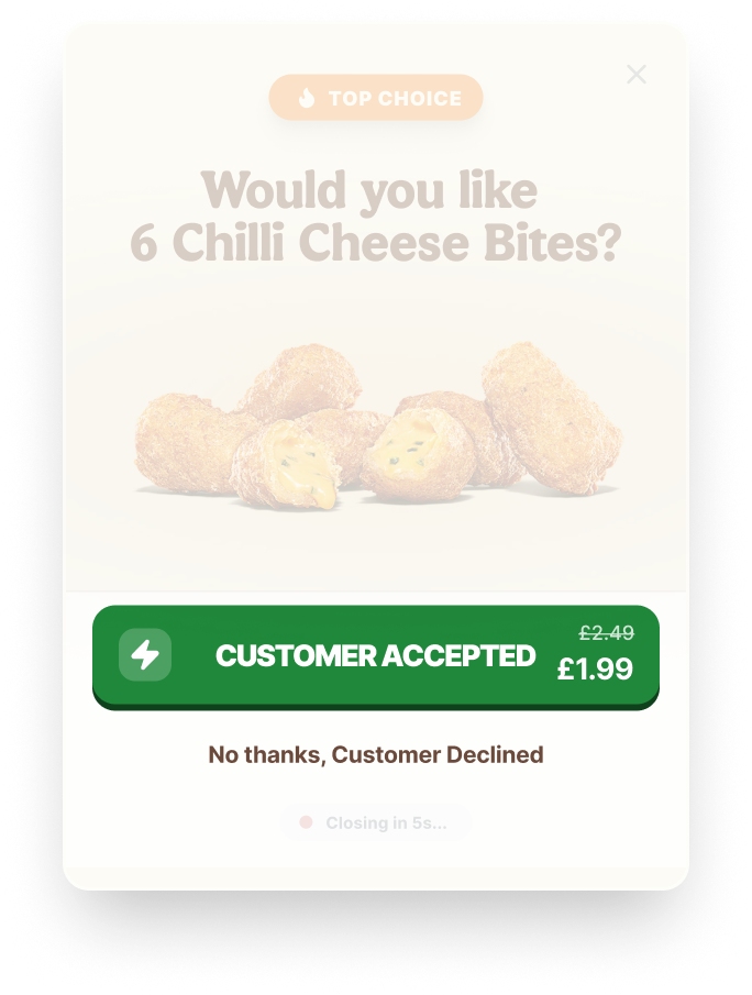 DriveUp prompt for 6 Chilli Cheese Bites showing asymmetric accept and decline actions