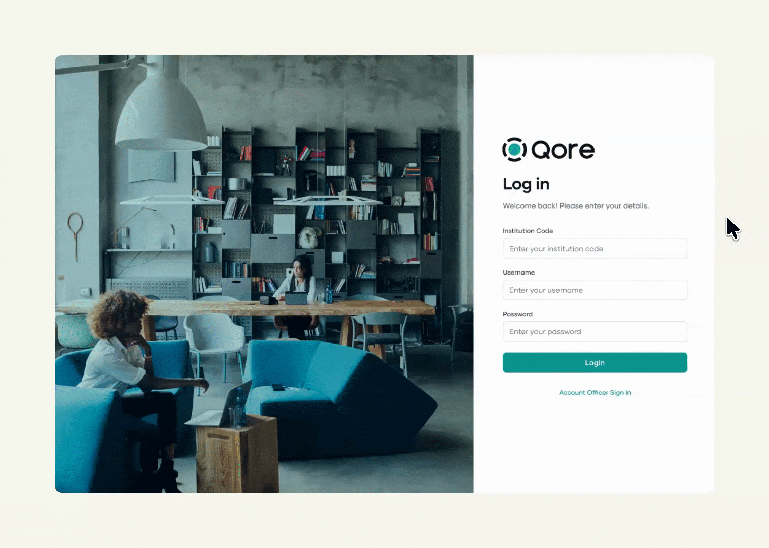 Qore banking platform login screen with institution code, username and password fields