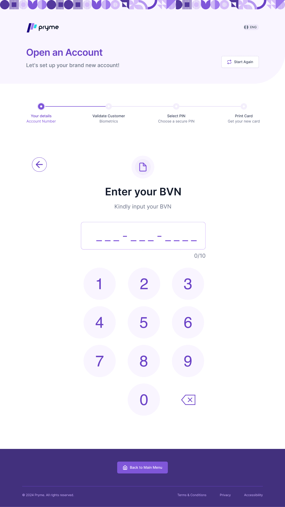 Pryme kiosk account opening step asking the customer to enter their BVN, with a four step progress tracker and large numeric keypad