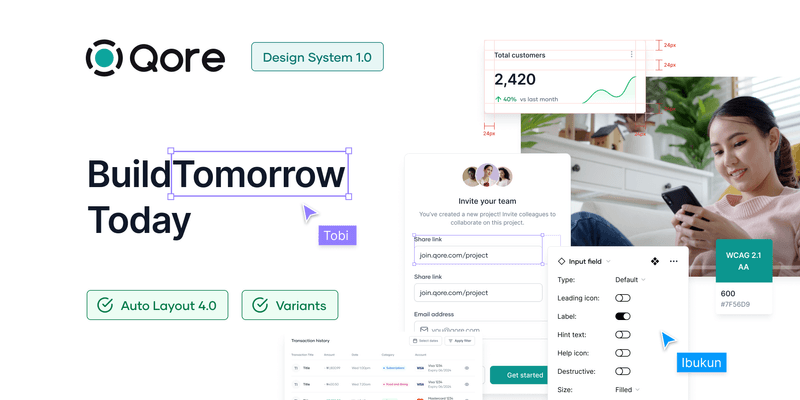 Qore Design System 1.0 showing components, tokens, auto layout and variants