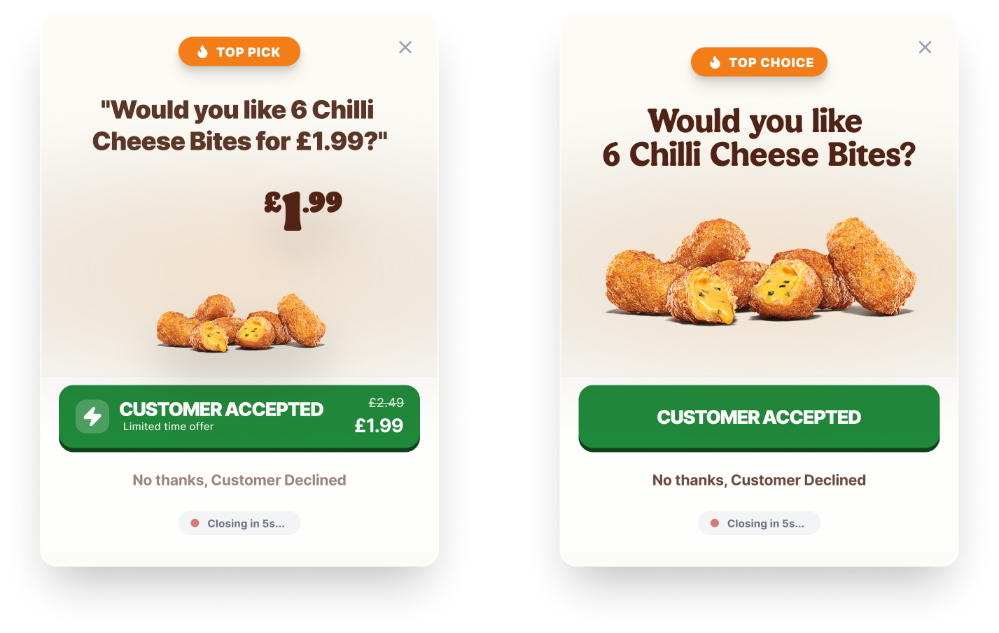 Two-panel comparison of the 6 Chilli Cheese Bites prompt before and after removing the price